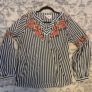 Savanna Jane Black and White Striped Blouse with Floral Embroidery